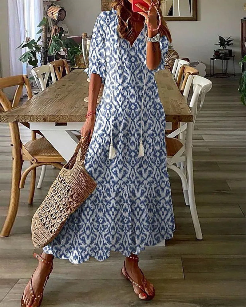 Andrea - Boho Vintage V-Ausschnitt Printet Kjole 