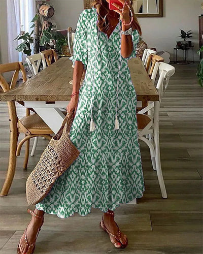Andrea - Boho Vintage V-Ausschnitt Printet Kjole 