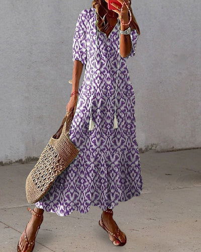 Andrea - Boho Vintage V-Ausschnitt Printet Kjole 