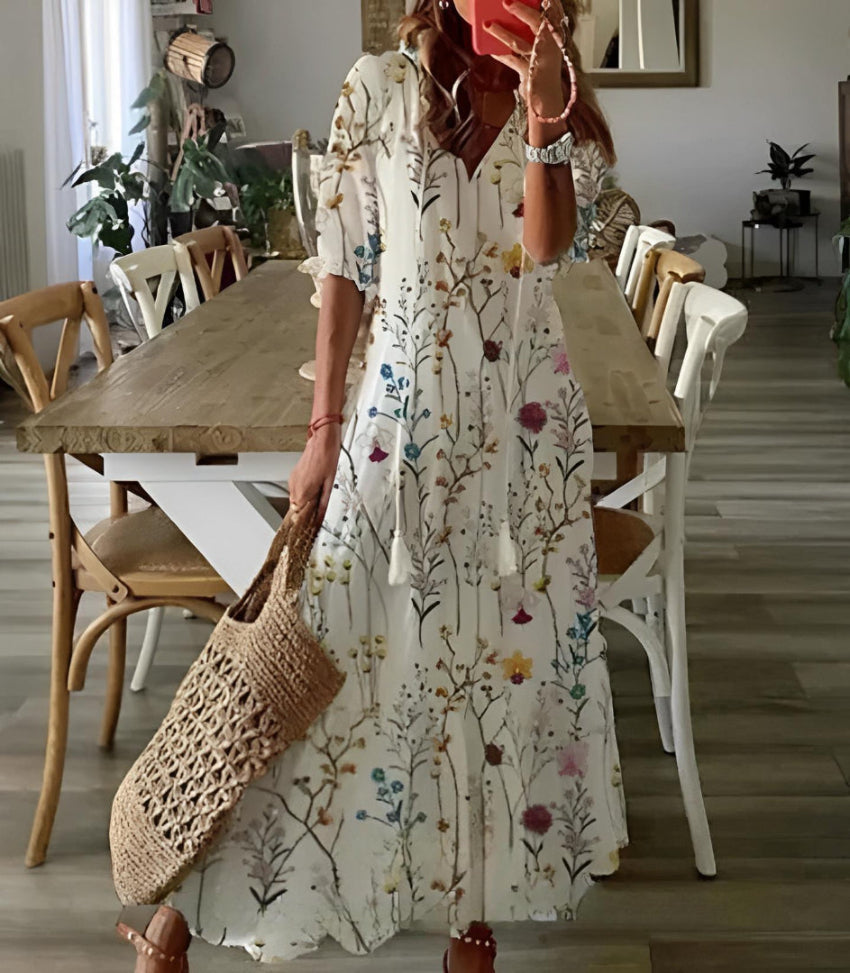 Andrea - Boho Vintage V-Ausschnitt Printet Kjole 