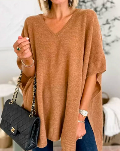 Erica – Locker sitzender, einfarbiger Poncho-Pullover mit V-Ausschnitt 