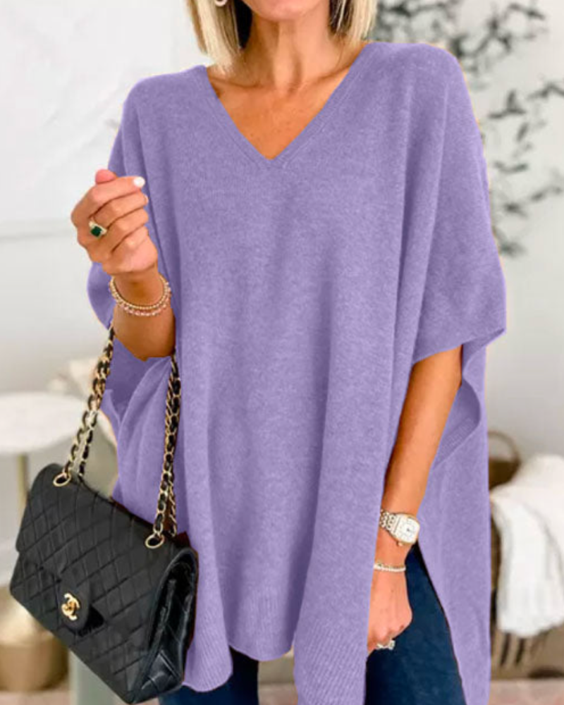 Erica – Locker sitzender, einfarbiger Poncho-Pullover mit V-Ausschnitt 
