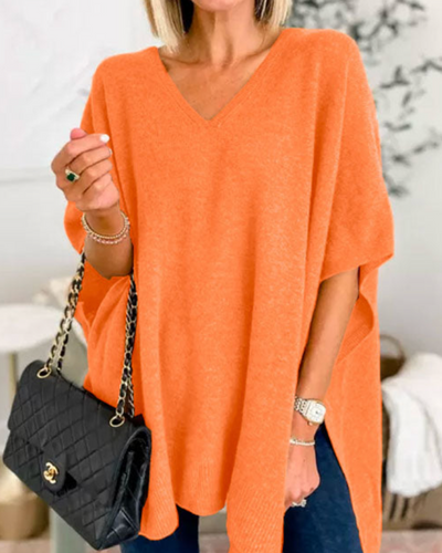 Erica – Locker sitzender, einfarbiger Poncho-Pullover mit V-Ausschnitt 