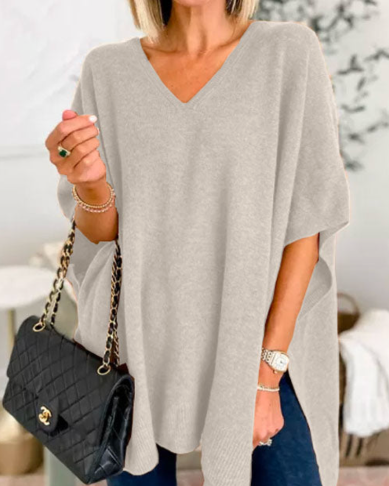 Erica – Locker sitzender, einfarbiger Poncho-Pullover mit V-Ausschnitt 
