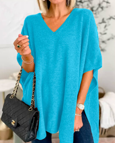 Erica – Locker sitzender, einfarbiger Poncho-Pullover mit V-Ausschnitt 