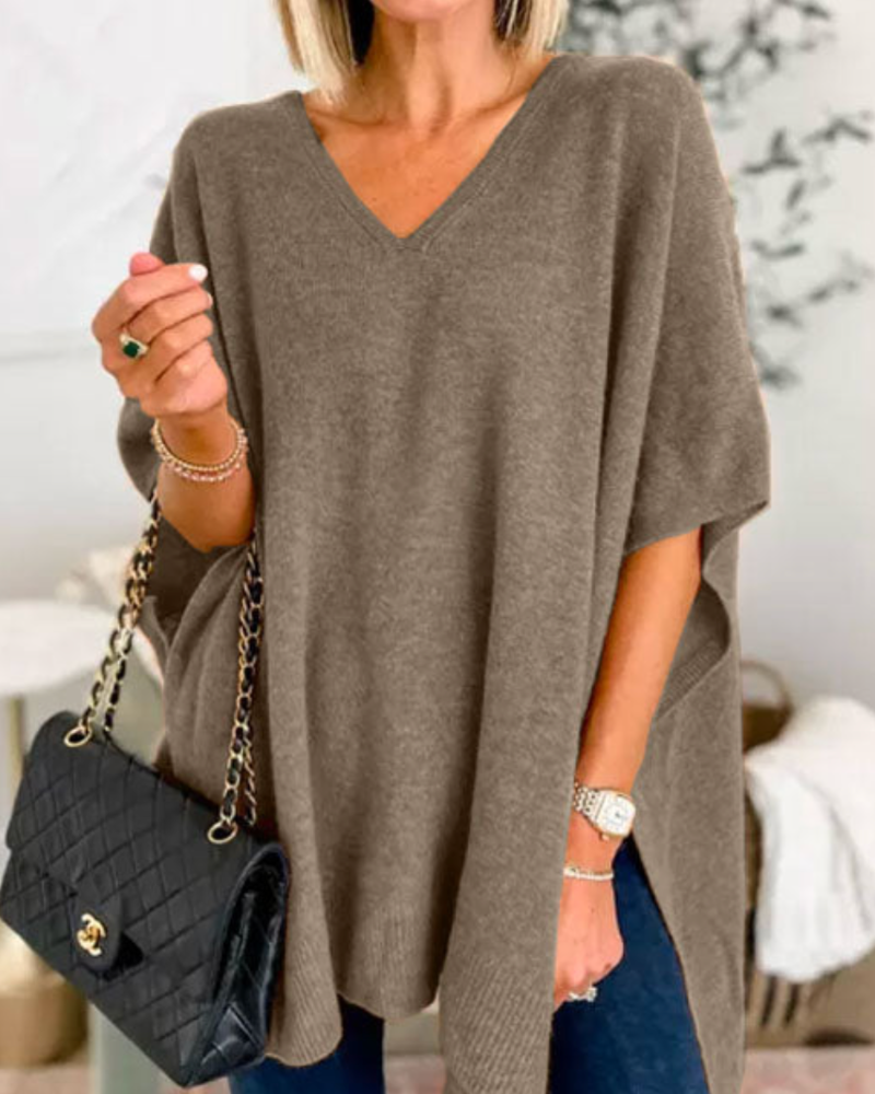 Erica – Locker sitzender, einfarbiger Poncho-Pullover mit V-Ausschnitt 