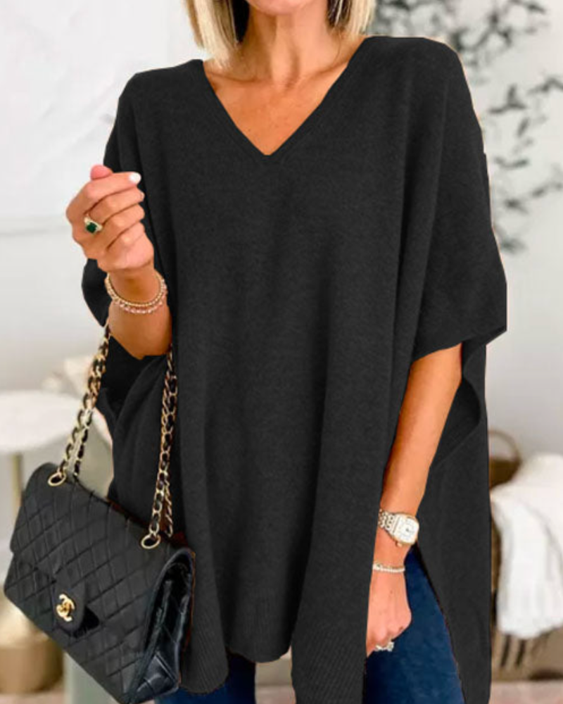 Erica – Locker sitzender, einfarbiger Poncho-Pullover mit V-Ausschnitt 