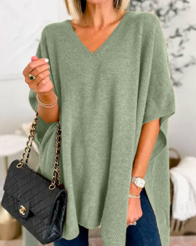 Erica – Locker sitzender, einfarbiger Poncho-Pullover mit V-Ausschnitt 