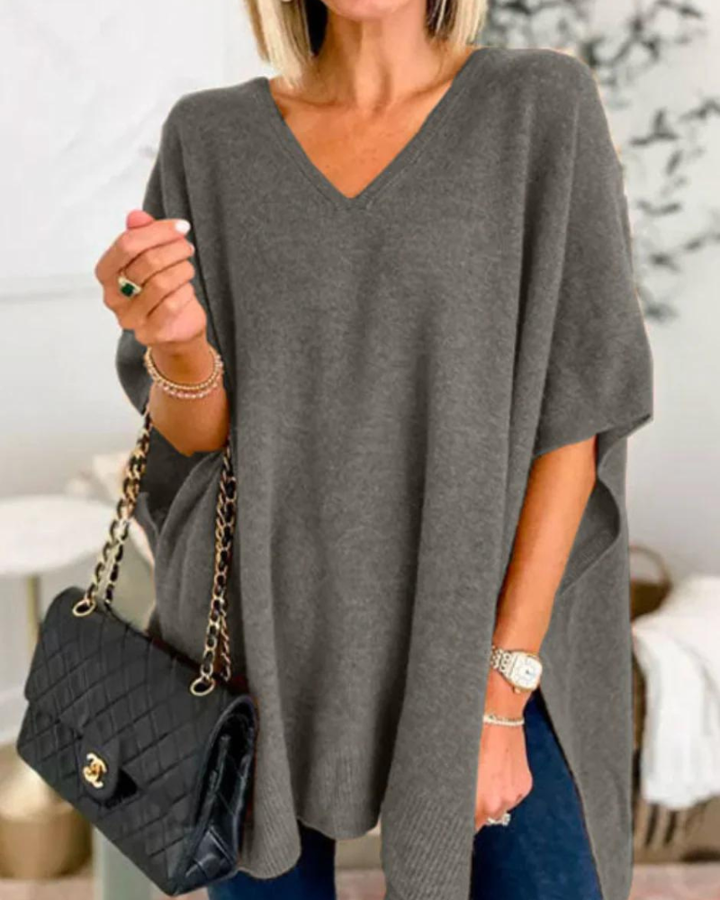 Erica – Locker sitzender, einfarbiger Poncho-Pullover mit V-Ausschnitt 