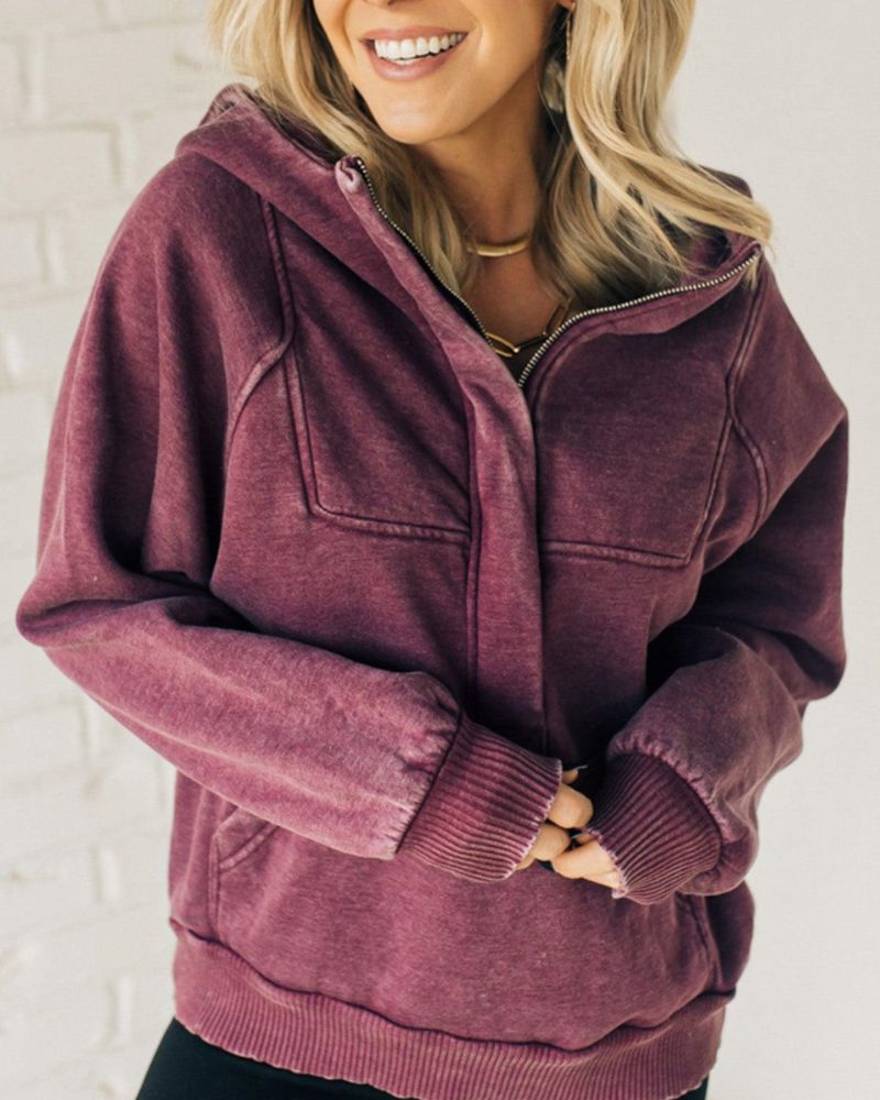 Nalas – Henley-Fleece-Hoodie mit Reißverschluss und Acid-Wash-Effekt 