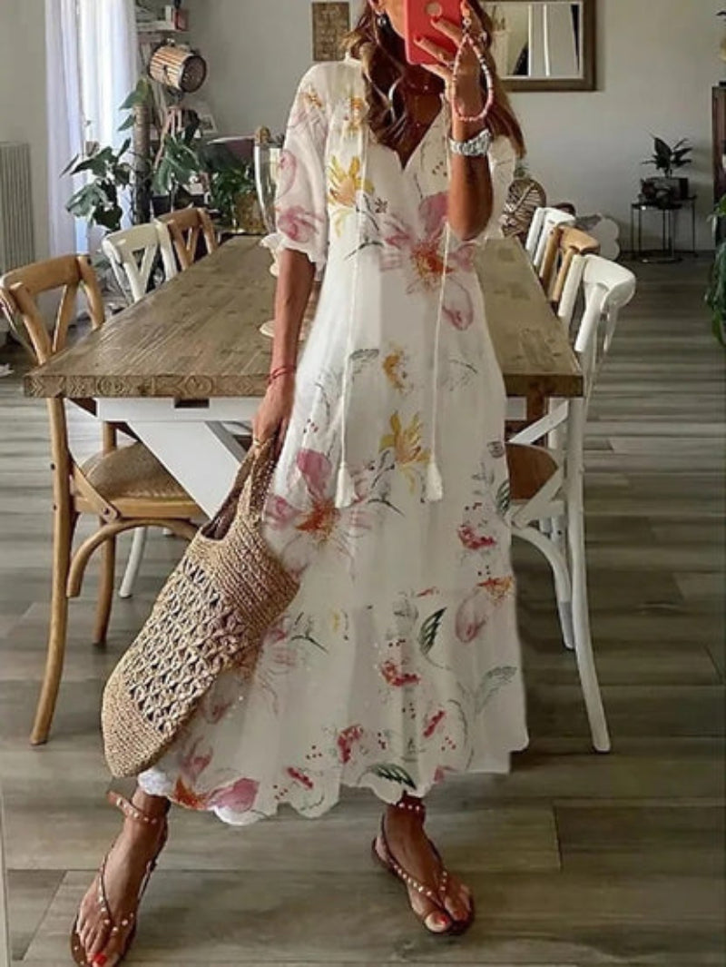 Andrea - Boho Vintage V-Ausschnitt Printet Kjole 