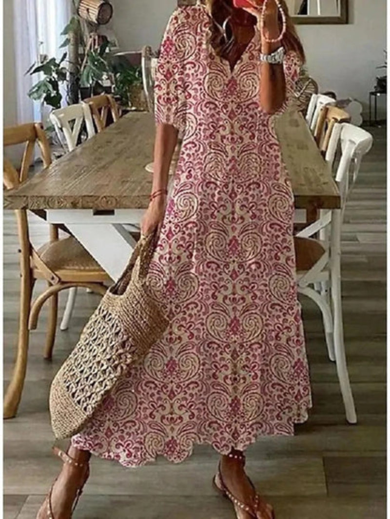 Andrea - Boho Vintage V-Ausschnitt Printet Kjole 