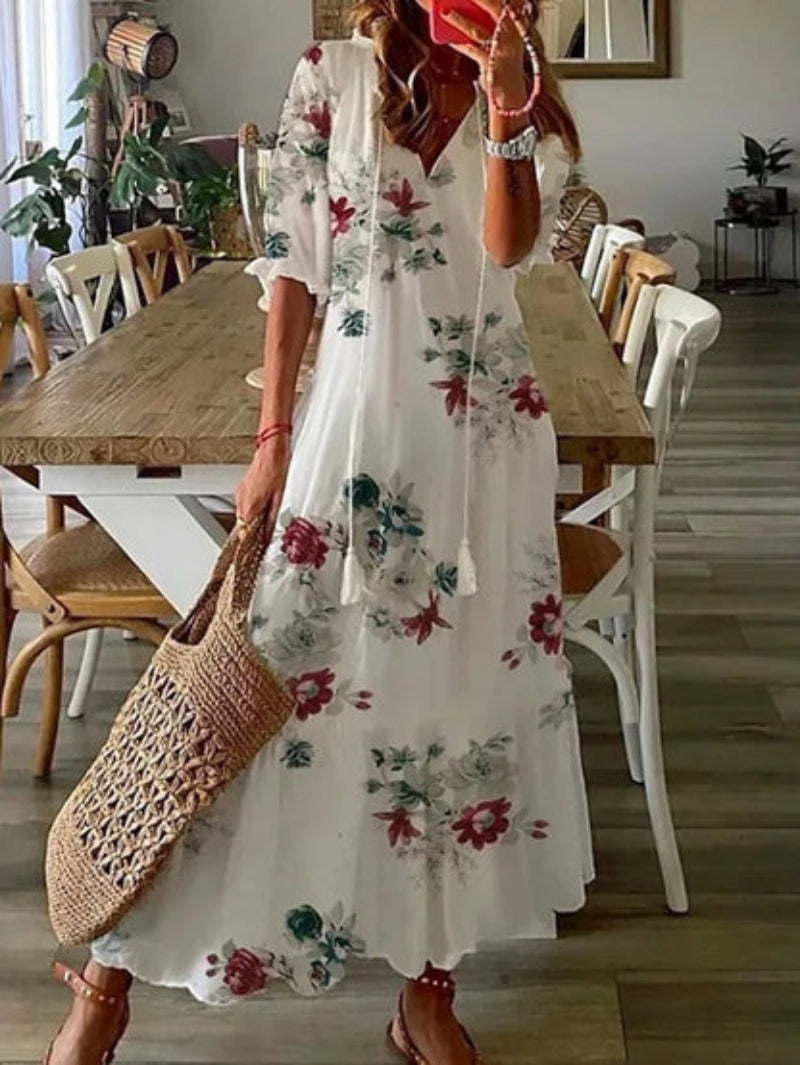 Andrea - Boho Vintage V-Ausschnitt Printet Kjole 